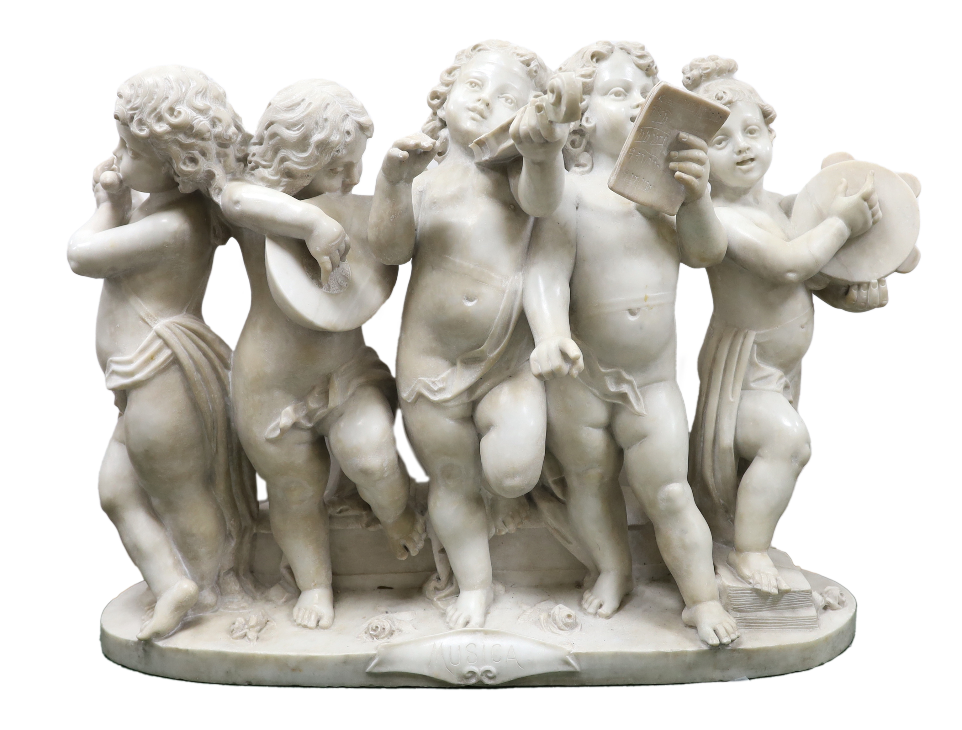 After the Ferdinando Vichi Gallery, an Italian white Carrara marble group 'Musica', 82cm wide, 63cm high, Please note this lot attracts an additional import tax of 5% on the hammer price